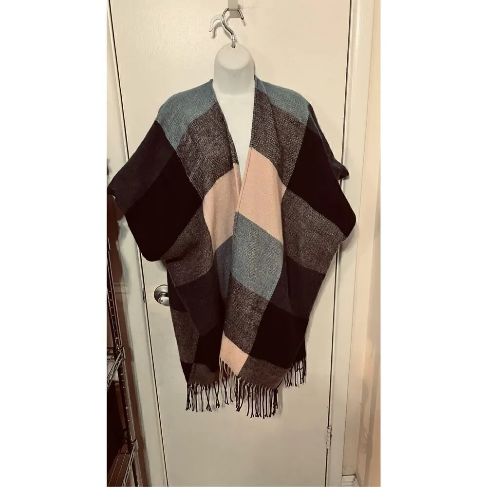 Ann Taylor Loft Pink Gray Blue Plaid Poncho Shawl Wrap One SIze